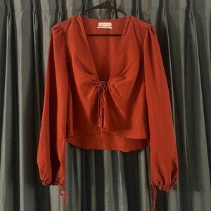 Urban Outfitters Long Sleeve Tie Front Blouse Sz Small Y2k Romantic Feminine Red